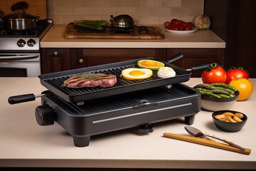 portable grill with hot plate and adjustable heat settings for perfect sear, created with generative ai