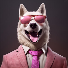 Obraz premium Suave Husky dog donning a fashionable business suit and sunglasses, showcasing a smart and confident appearance against a vivid and lively background. generative AI.