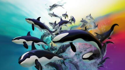 Obraz na płótnie Canvas Many animals and explosions in the background. Generative AI. Beautiful color orca, killerwhale