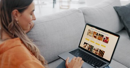 Woman, laptop and checking food menu on living room sofa for ecommerce, online shopping or meal at home. Female lying on couch browsing restaurant homepage or bakery for lunch or dinner on computer