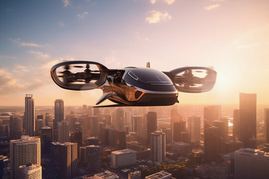 eVTOL, electric aircraft flying over the city