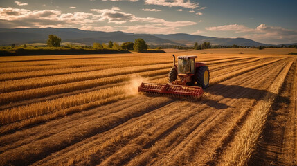 tractor harvesting wheat with sunset in the background.