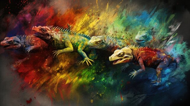 Many animals and explosions in the background. Generative AI. Beautiful color lizzards