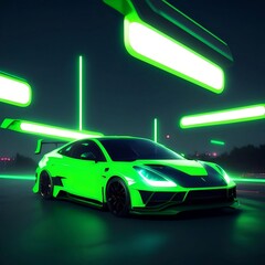 Fototapeta na wymiar Green car with light and modern technology 