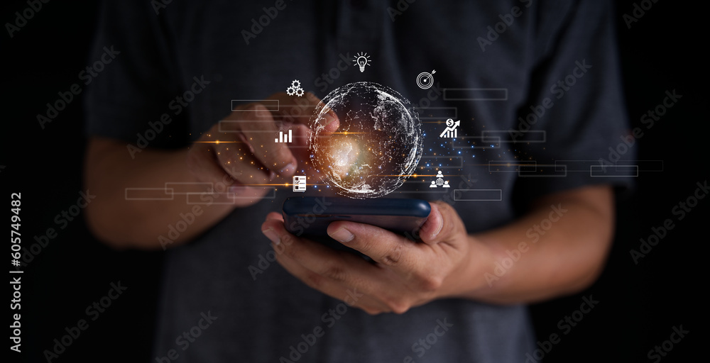 Aufkleber the concept of accessing information through the global internet network. smartphone users connect b
