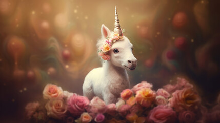 Adorable baby unicorn over flowers.