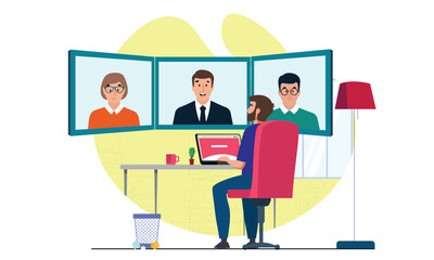 Webiner concept illustration. Online interview with leptop for freelance work, CEO virtual monthly meeting