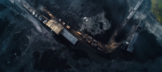 Aerial view of coal mine, natural resources mining industry, top drone view with some heavy machinery on black ground. Generative AI