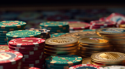 Stacked casino chips of many colors. Space for text. - obrazy, fototapety, plakaty