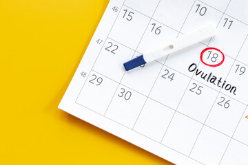 Female ovulation day on calendar with pregnancy test