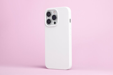 iPhone 14 Pro Max starlight in white case back side view isolated on pink background, phone cover...