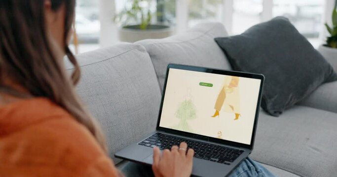 Woman, laptop and online shopping fashion website on living room sofa in ecommerce, checking or trends at home. Female lying on couch browsing boutique store homepage for stylish clothing on computer