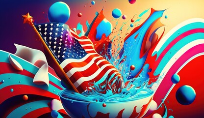 Concept art of a motions american flag, with fireworks, splashes of colors, bang bang and bright colors, dedicated to the holiday of the USA Independence Day - July 4th.Generative AI