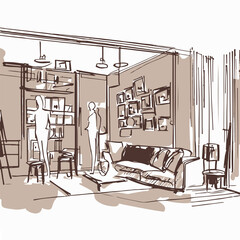 interior sketch design of living room,  illustration  