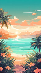 Fototapeta na wymiar Soft Pastel Summer Concept. Sunset on the Beach with Palm Trees. Mobile Screensaver or Travel Background.
