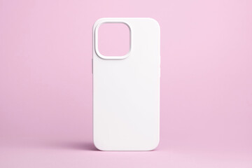 white phone case for iPhone 14 pro max, phone cover mock up isolated on pink background