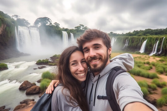a couple of tourists use a selfie camera and take a picture in front of a waterfall.  Attractive man and woman tourists of different races take pictures near a waterfall