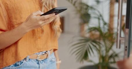 Pos, smartphone and mobile app, woman and delivery paying at door of home and online shopping. Ecommerce, logistics and technology, customer with easy digital payment for package with tap transaction - Powered by Adobe