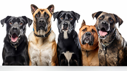 Group of five dogs isolated on white background, Angry and roaring faces Generative AI