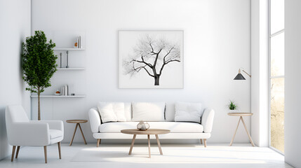 Minimalist interior living room with a white couch and a picture of a tree on the canvas Generative AI