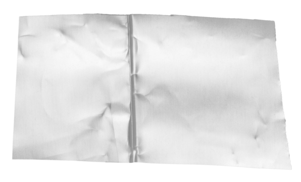 One single piece of cut out crumpled bright shiny metallic aluminium foil, isolated on white or transparent background, flat lay view from above
