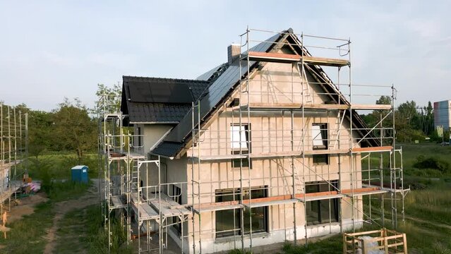 Crane shot of a German single family house under construction