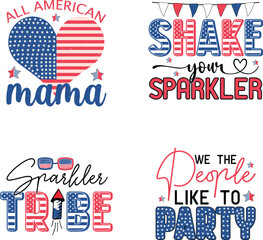 Naklejka premium Happy 4th of July American Independence Day Colorful Graphics Bundle on White Background. Funny Fourth of July US National Patriotic Celebration Typographic Quotes for Print on Demand Business. 