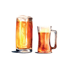 Glass of beer in watercolor style on white background for menu