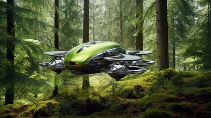 Futuristic drone car flies into the forest among the trees. Generative Ai