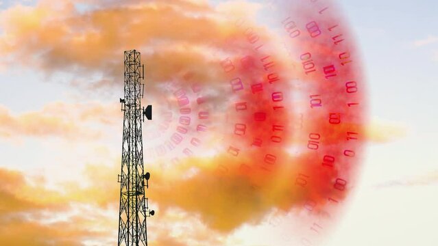 Red Wireless telecom radiation in cloudy sky. Antenna radio waves animation
