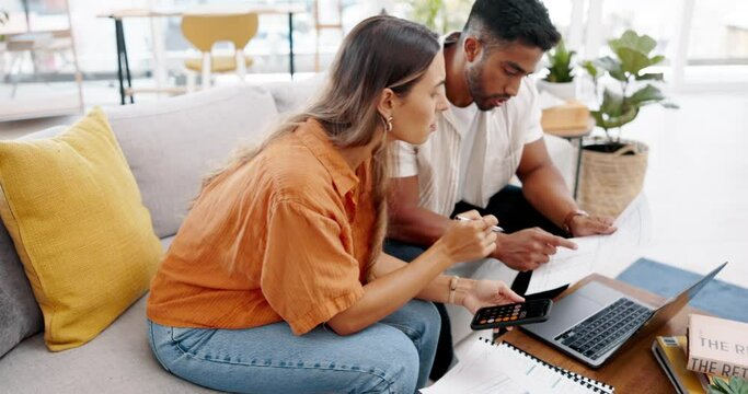 Couple, documents and calculator for bills, budget or planning financial administration on laptop at home. Man, woman and calculate finance payment with paperwork, online banking or investment growth