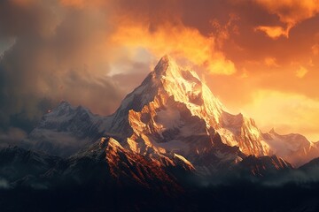 A majestic mountain range against a brilliant sunrise sky - Generative AI