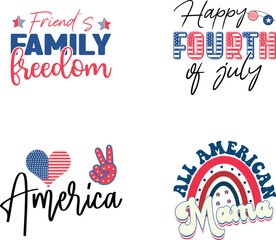 Happy 4th of July American Independence Day Colorful Graphics Bundle on White Background. Funny Fourth of July US National Patriotic Celebration Typographic Quotes for Print on Demand Business. 
