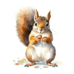 A watercolor painting of a squirrel holding a nut. Generative AI. - obrazy, fototapety, plakaty