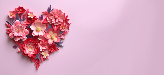 Pink flowers in a heart shape on a pink background