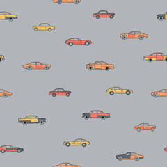 Vector yellow retro cars grey seamless pattern