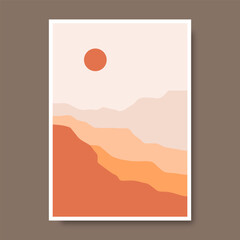 Posters with mountain landscape concept and pastel colors. Plant leaves, Great design for social media, prints, wall decoration. Vector illustration