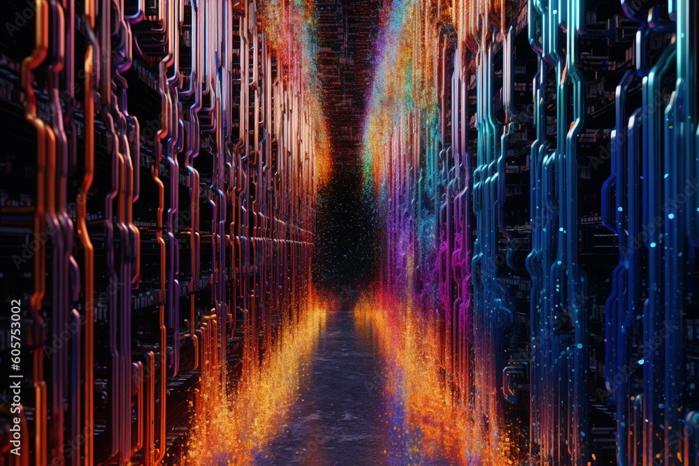 Leinwandbilder  database server depicted as a powerful and dynamic entity, surrounded by streams of data flowing through an interconnected network.  Generative AI technology.