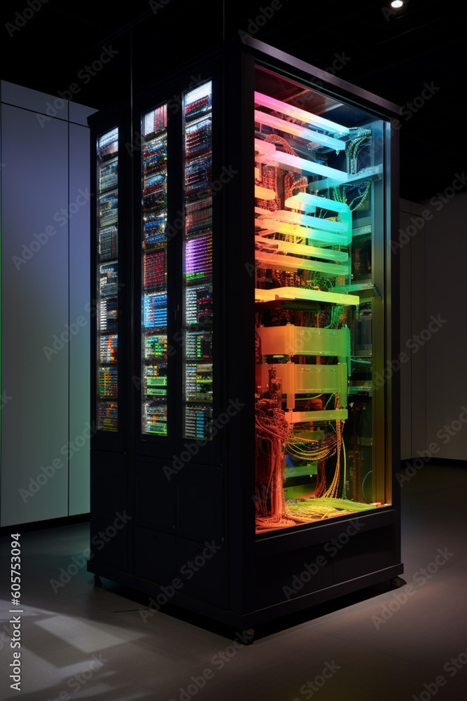 Poster  A mixed media installation incorporating physical server components and digital elements to create an interactive artwork,  Generative AI technology.