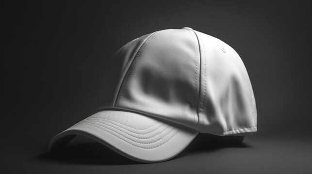 A white baseball cap on a gray background. Generative AI image