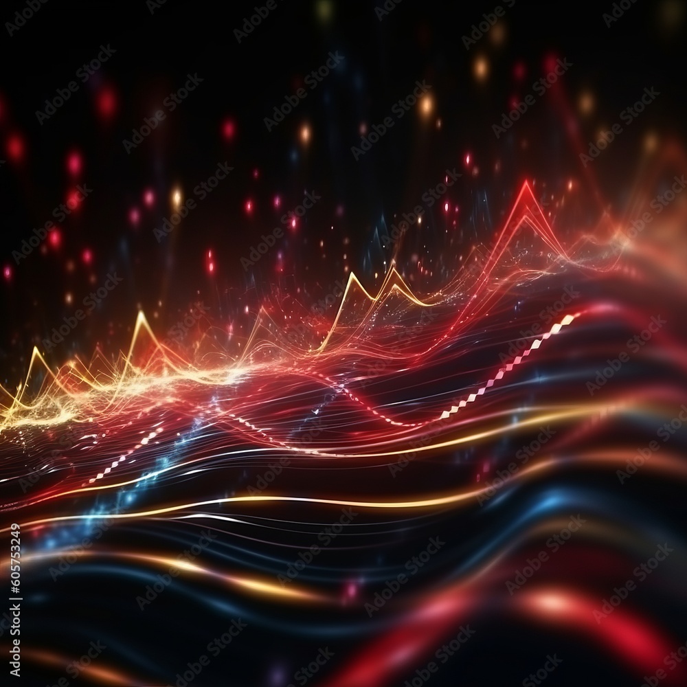 Poster Dynamic abstract waves in red and gold hues with sparkling lights and flowing lines, symbolizing motion, energy, and technology.