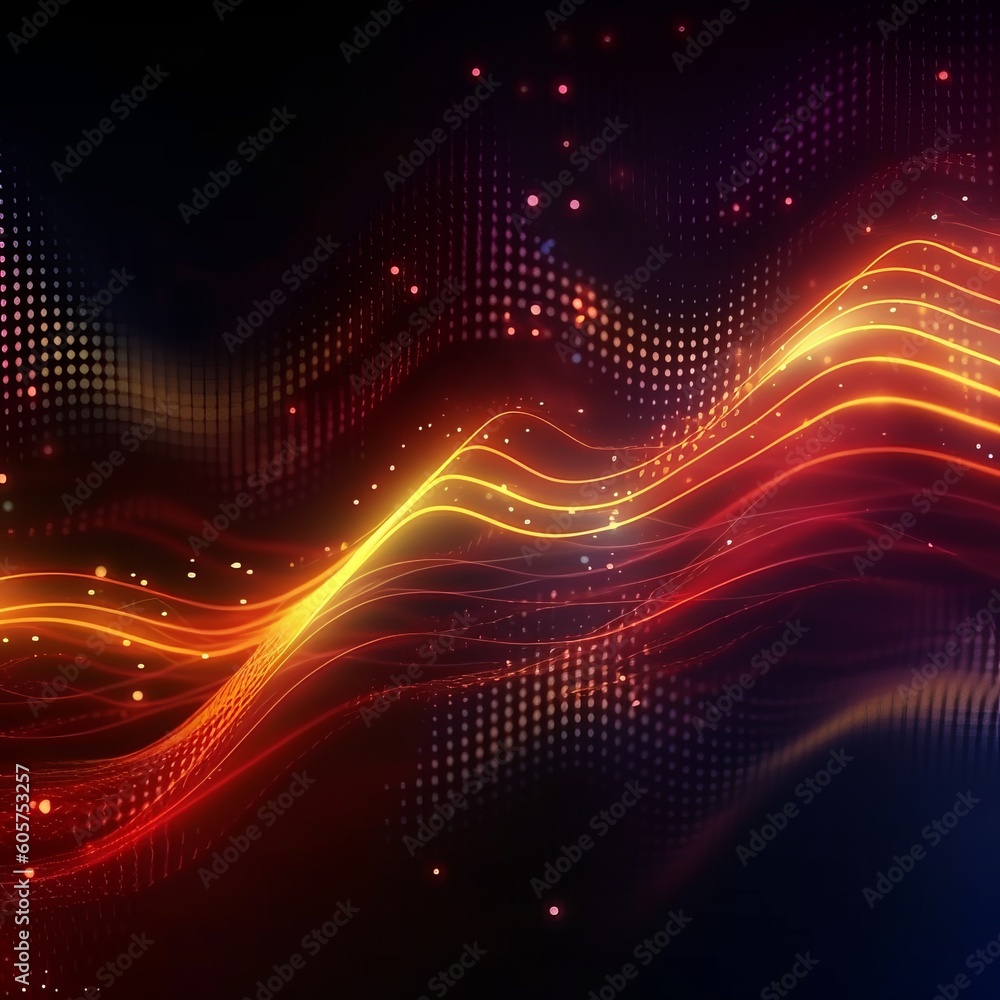 Poster dynamic glowing lines in fiery red and orange hues with dotted patterns, symbolizing energy, motion,