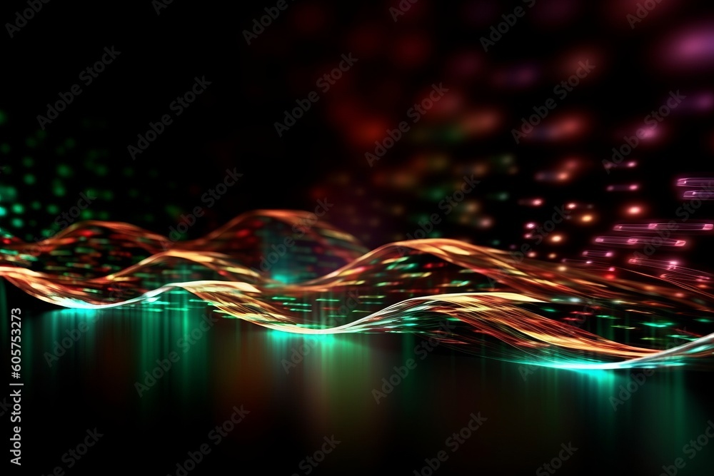 Poster flowing abstract waves in neon green and red hues with glowing particles and dynamic light effects, 