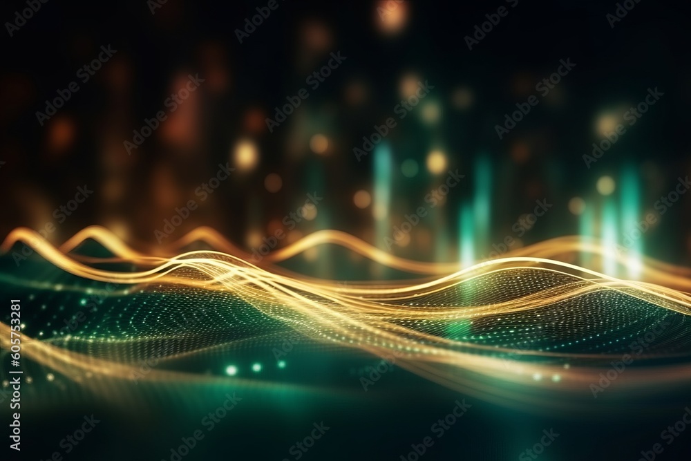 Poster abstract futuristic background with glowing neon moving high speed wave lines and bokeh lights. Data transfer concept Fantastic wallpaper. Generative AI