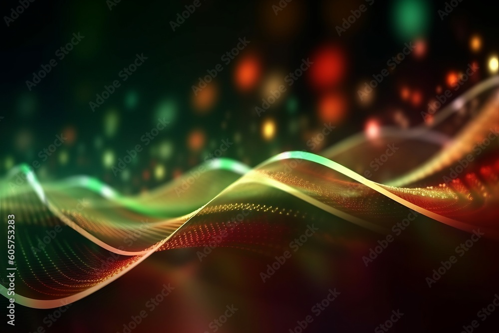 Poster elegant abstract waves in green and red tones with glowing bokeh lights, symbolizing motion, energy,
