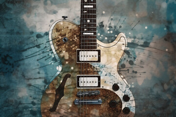 Abstract background illustration of a electric guitar with grunge noise and colorful texture. Music industry theme. Generative AI
