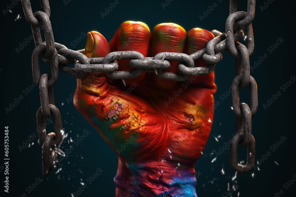 Poster  An artistic rendering of a human hand breaking through a barrier of chains, accompanied by symbols of strength and liberation, representing the triumph over adversity.  Generative AI technology.