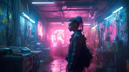 Obraz premium Generative Ai, woman walking down a street filled with neon lights