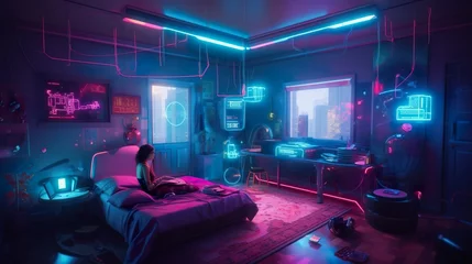 Muurstickers Generative AI, young woman playing video games in a room with neon light. © DMegias