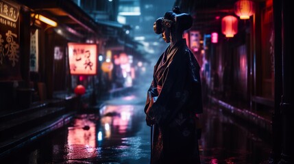 Obraz na płótnie Canvas Generative Ai, woman dressed as a geisha in a cyberpunk-style Japanese street